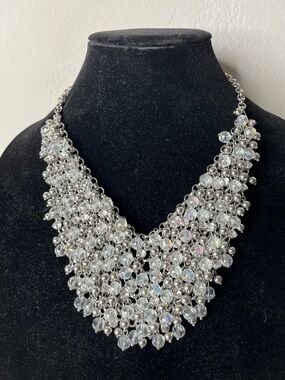 Crystal Cluster Bib Necklace - Silver Tone
